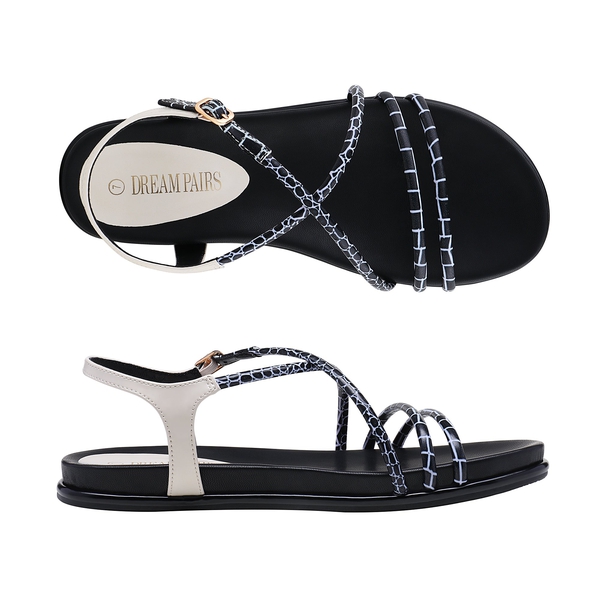 Round Toe Dressy Flat Sandals - BLACK WHITE - 3
